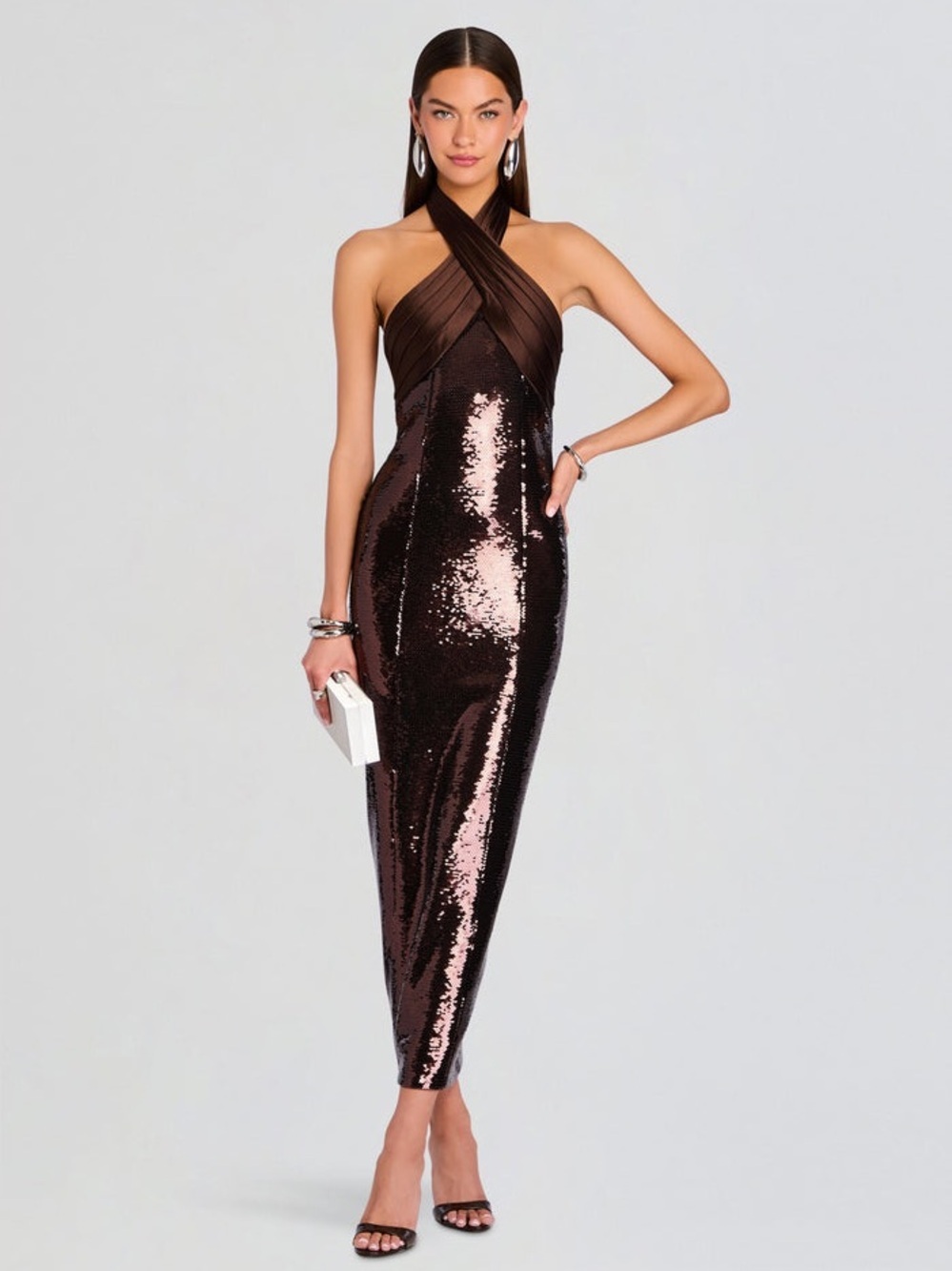 Retrofete Brown Sequin Crisscross Maxi Dress - Picture 1 of 12